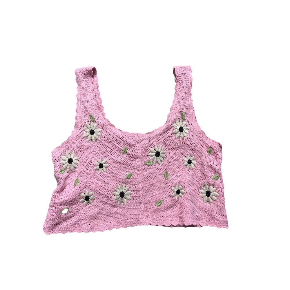 New In Crochet‎ Knit Top Pink Floral Size S/M Boho Festival